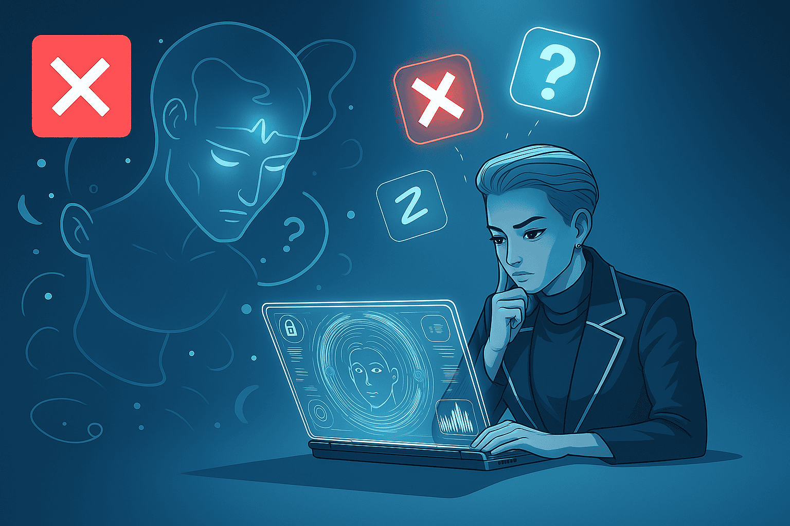 Image Emphasizes contrast between confident tech and emotional ambiguity.